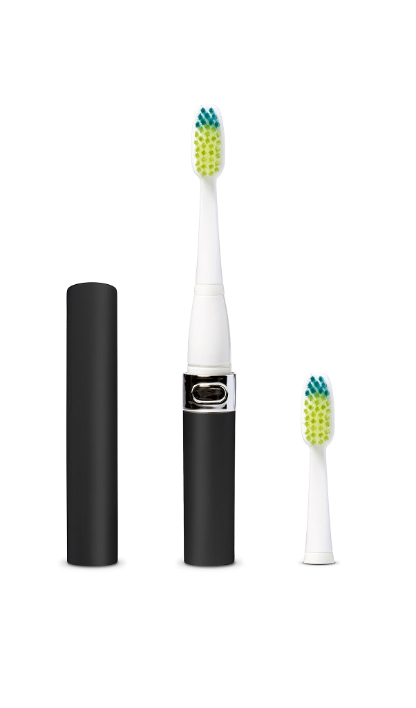 Voom Sonic Go 1 Series electric toothbrush in black, standing upright on a bathroom counter with accessories, displayed for product feature showcase.