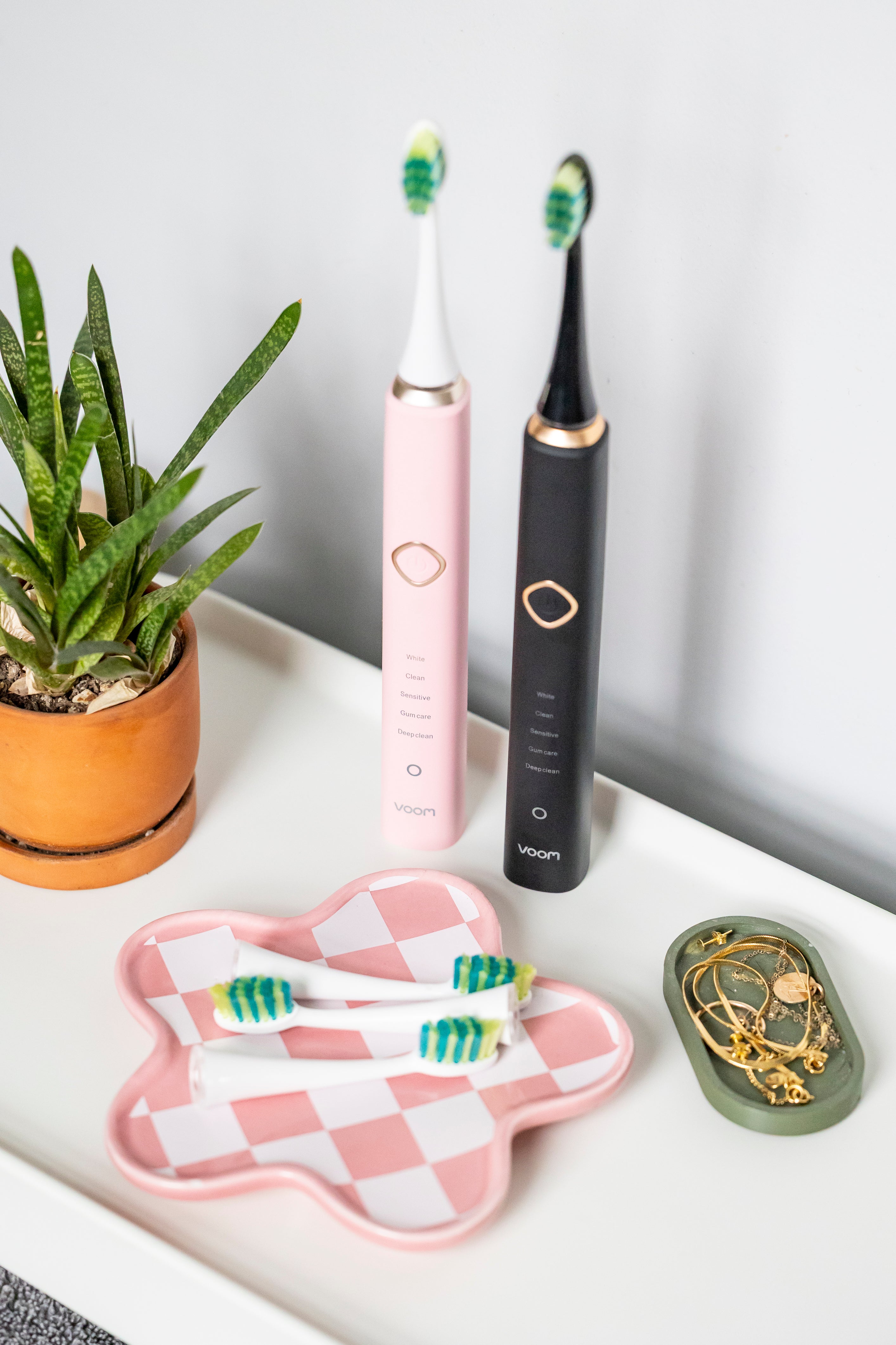 Two electric toothbrushes on a white surface with a plant and decorative items.